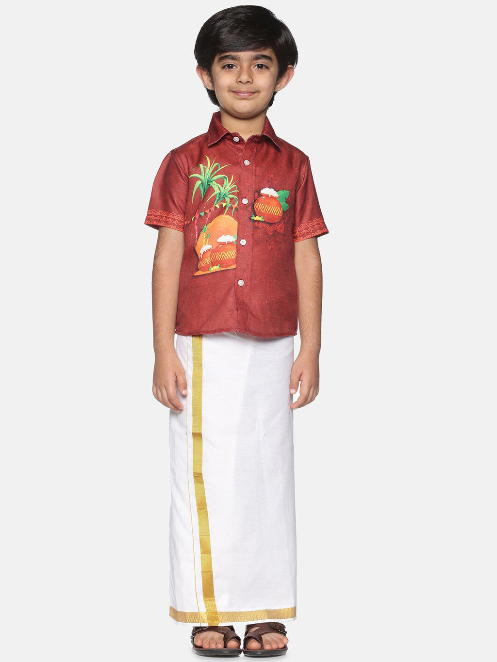 Sethukrishna Boys Printed Traditional Shirt With Adjustable Velcro Dhoti Set | Grocsy