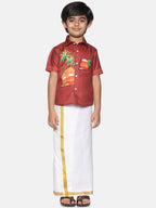 Sethukrishna Boys Printed Traditional Shirt With Adjustable Velcro Dhoti Set | Grocsy