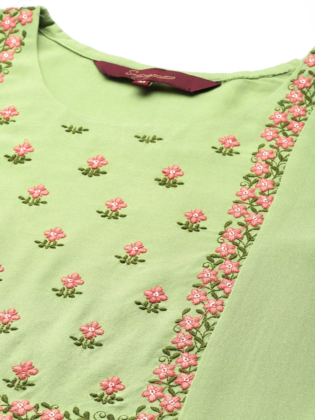 Sangria Women Green & Pink Floral Embroidered Thread Work Pastels Kurta | Grocsy
