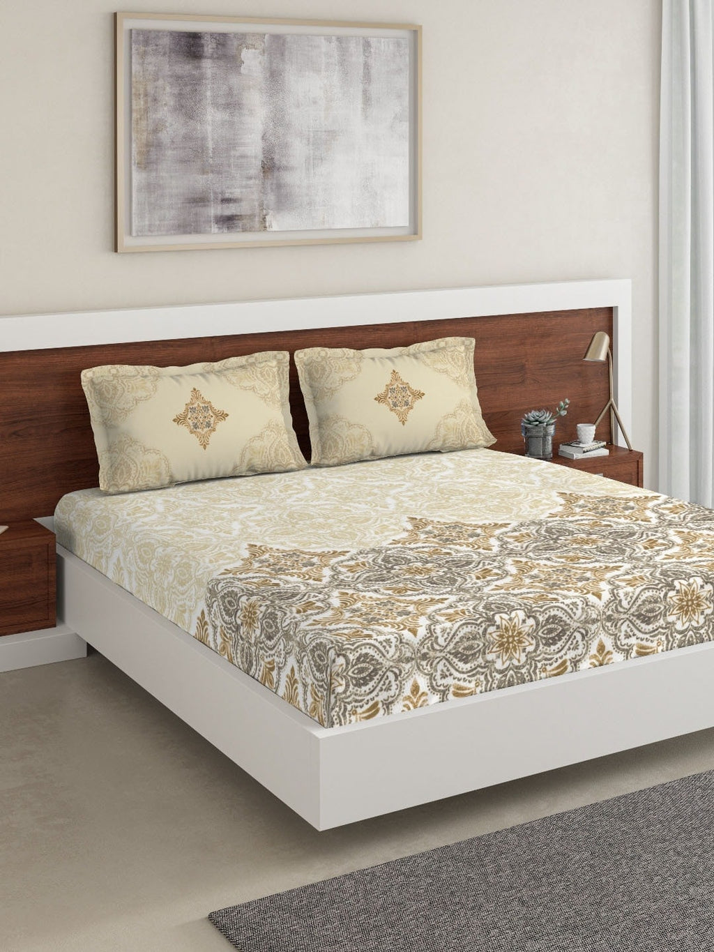 DDecor Beige & Grey Ethnic Motifs 180 TC Cotton 1 King Bedsheet with 2 Pillow Covers | Grocsy