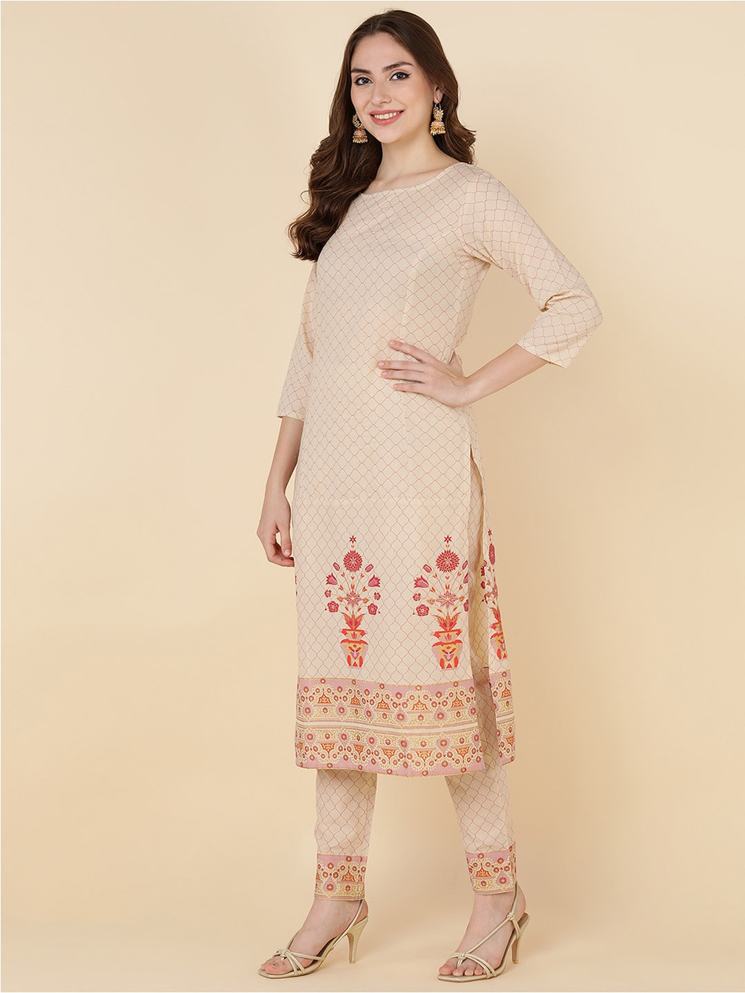 HERE&NOW Women Beige Ethnic Motifs Printed Pure Cotton Kurta with Trousers & Dupatta | Grocsy