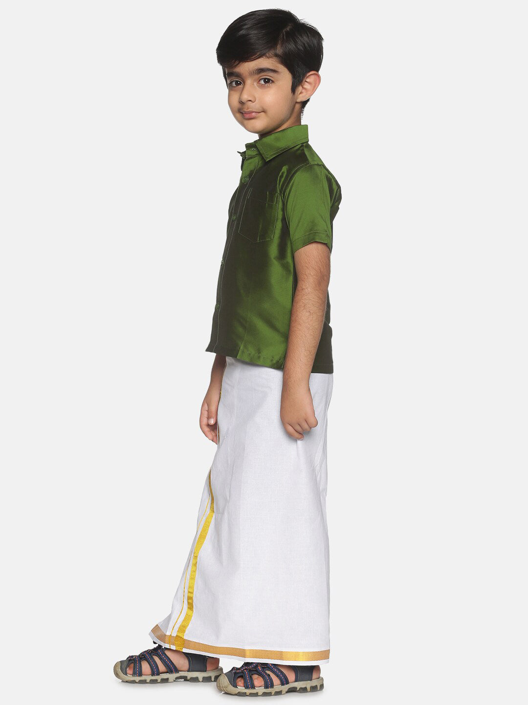 Sethukrishna Boys Olive Green & White Shirt And Veshti Set | Grocsy