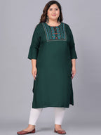 Sztori Plus Size Embroidered Yoke Design Round Neck Three-Quarter Sleeves Straight Kurta | Grocsy
