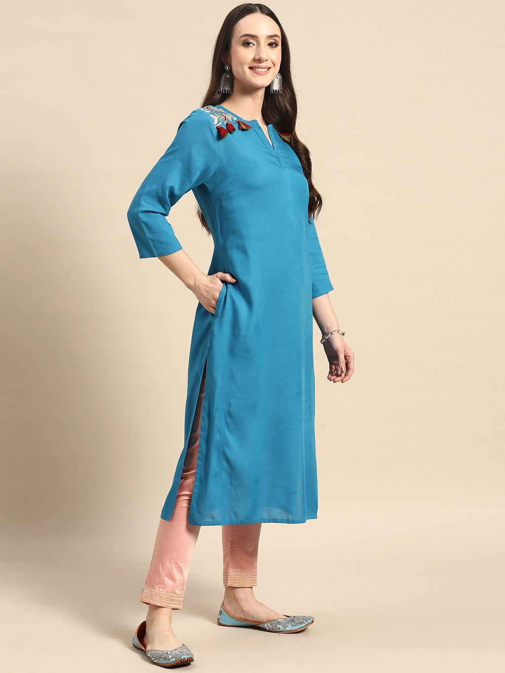 Sangria Women Tassel Detail Straight Kurta with Pocket | Grocsy