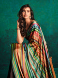 Sangria Striped Digital Printed Satin Saree | Grocsy
