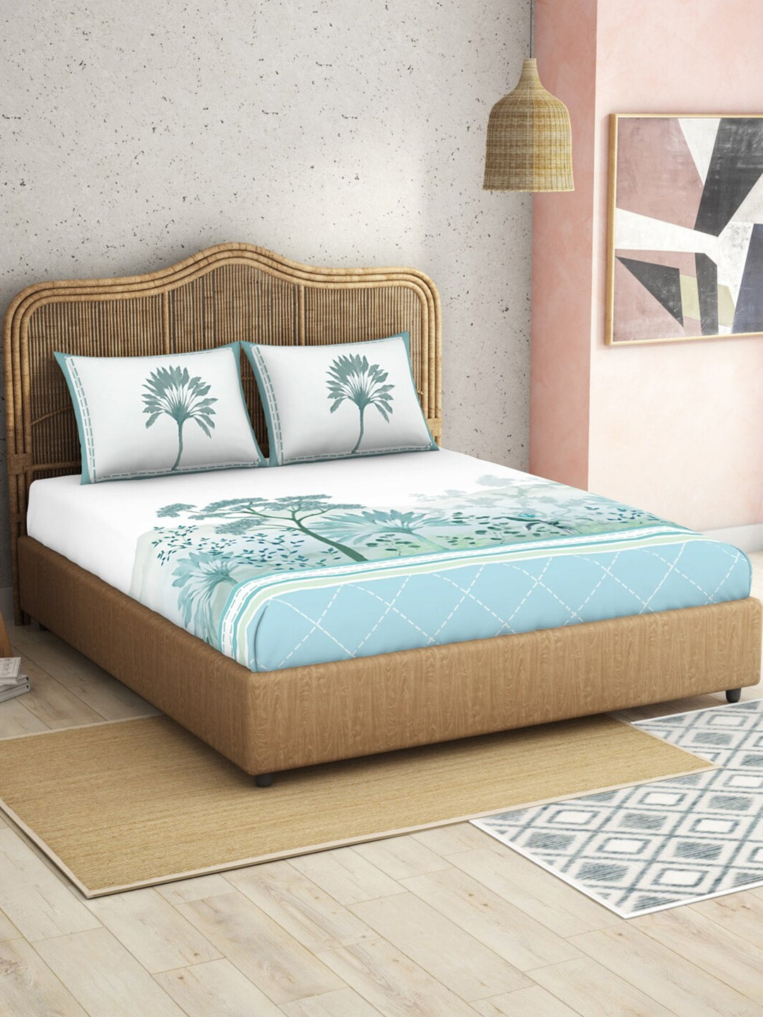 SPACES Kalakari Haath Teal Green Print Pure Cotton 210 TC King Bedsheet & 2 Pillow Covers | Grocsy