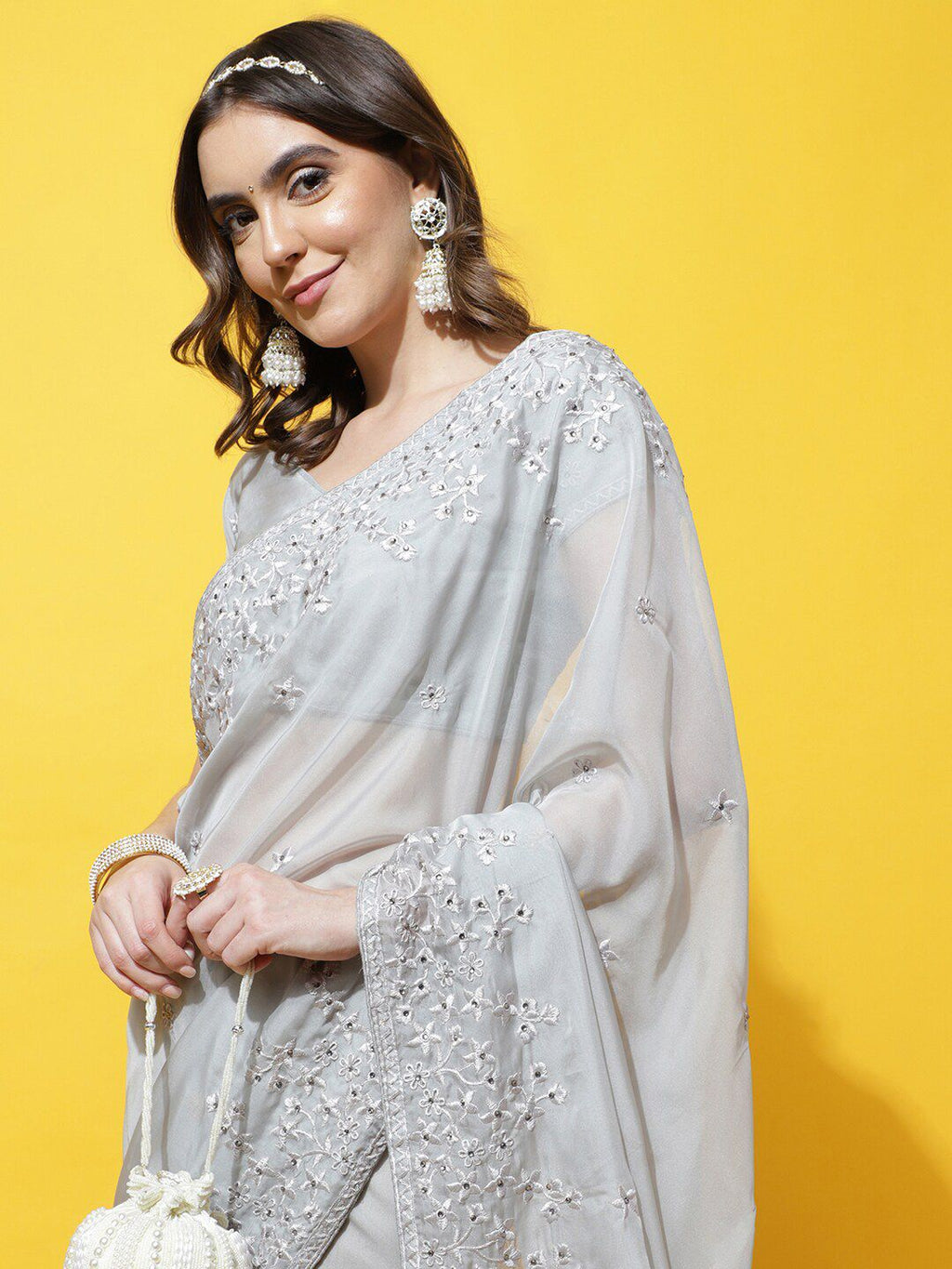 kasee Floral Embroidered Organza Saree | Grocsy