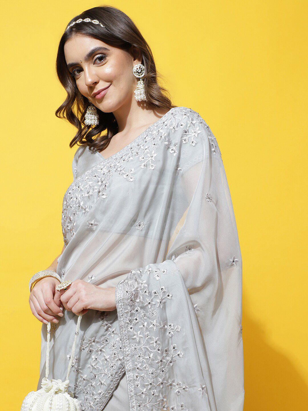 kasee Floral Embroidered Organza Saree | Grocsy