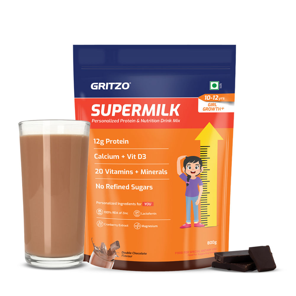 Gritzo SuperMilk Height+ Health Drink for 10-12y Girls - Double Chocolate Flavor | Grocsy