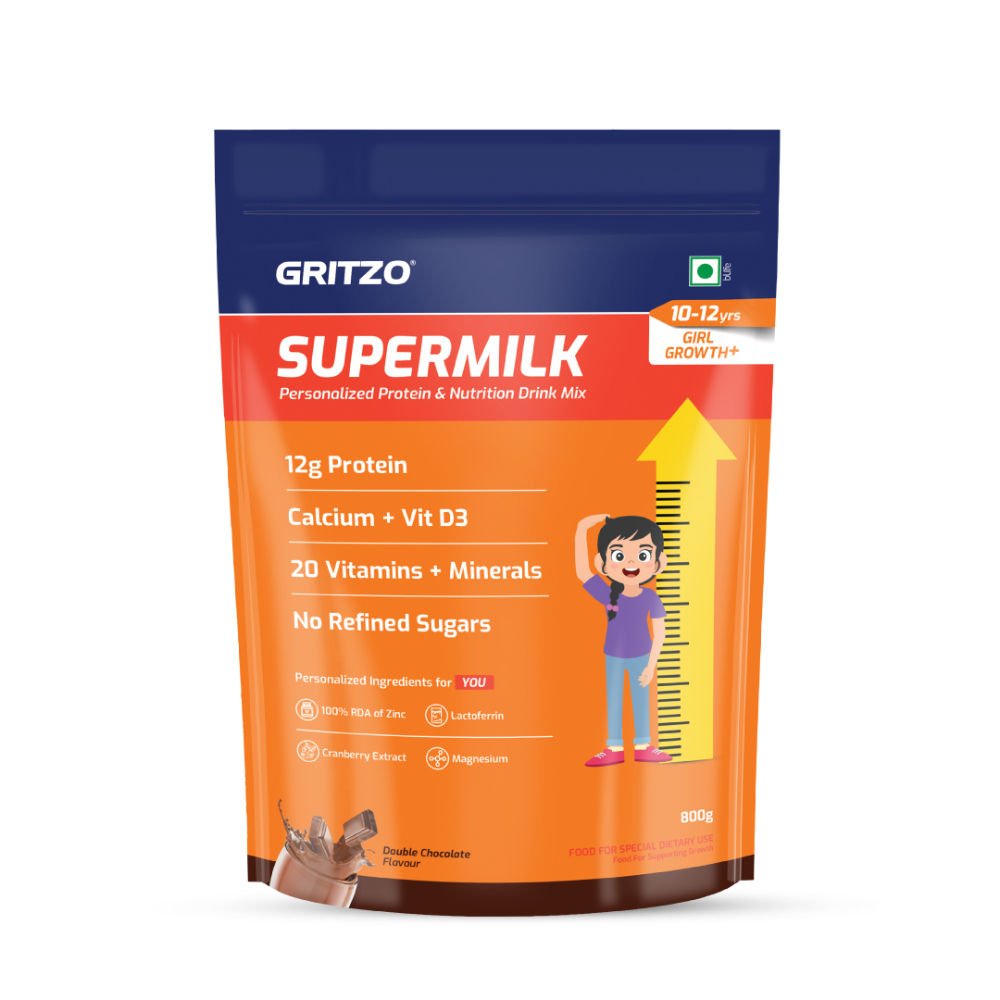 Gritzo SuperMilk Height+ Health Drink for 10-12y Girls - Double Chocolate Flavor | Grocsy
