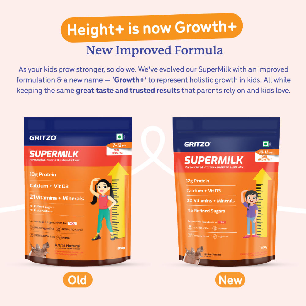 Gritzo SuperMilk Height+ Health Drink for 10-12y Girls - Double Chocolate Flavor | Grocsy