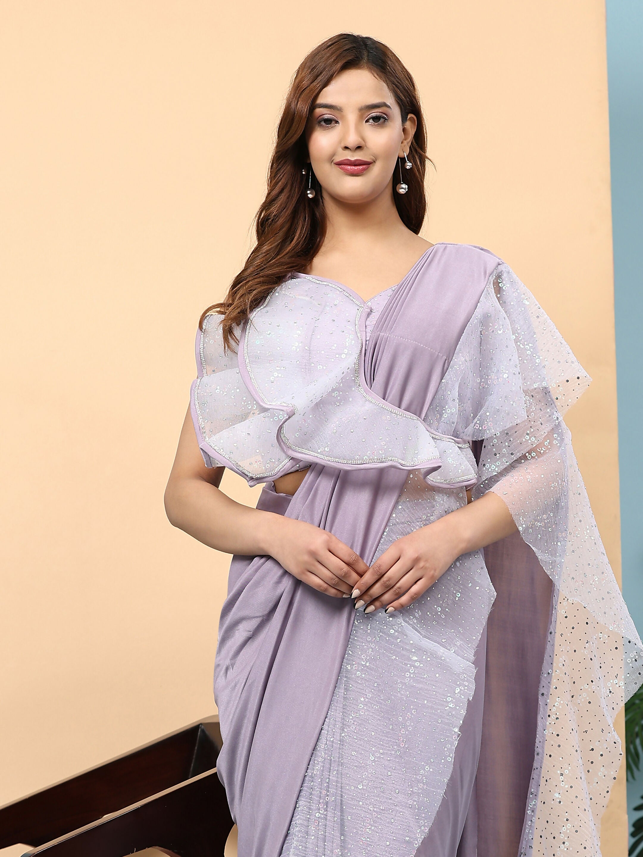 Light Purple Lycra Solid Ready to Wear Saree with stitched Blouse - Nita | Grocsy