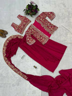 Teeya Creation Rani Color Chinon Silk Embroidery Work Ready To Wear Party Wear Saree With Koti | Grocsy