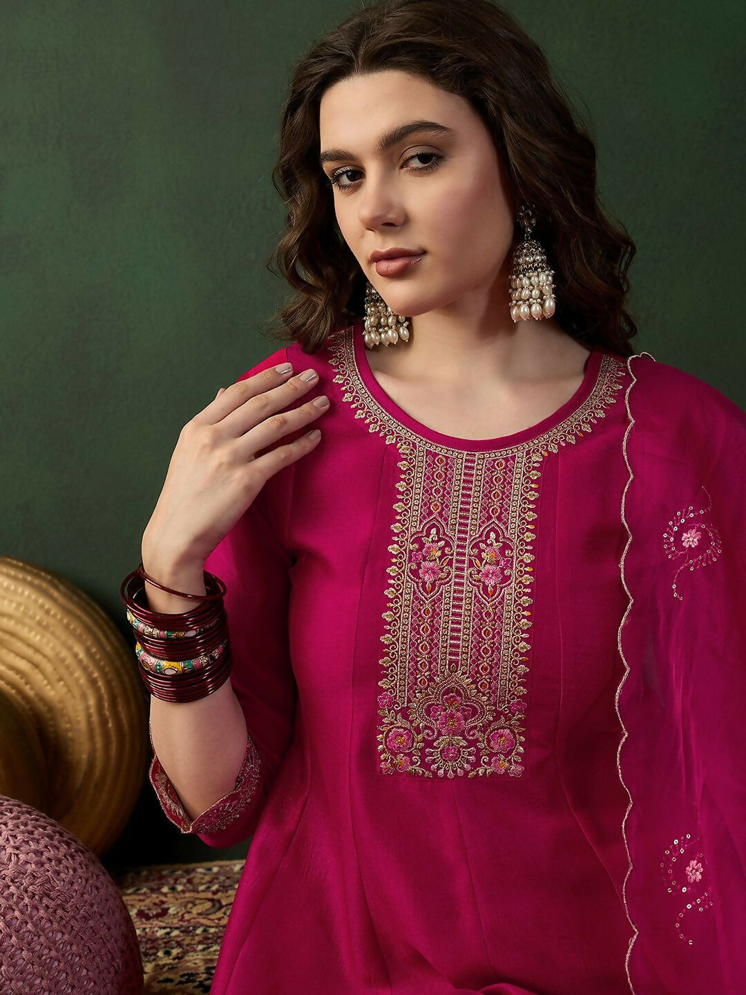 The52 Women's Beautiful Embroidery Work Vichitra Fabric A-line Kurta Pant and Dupatta Set-Pink | Grocsy
