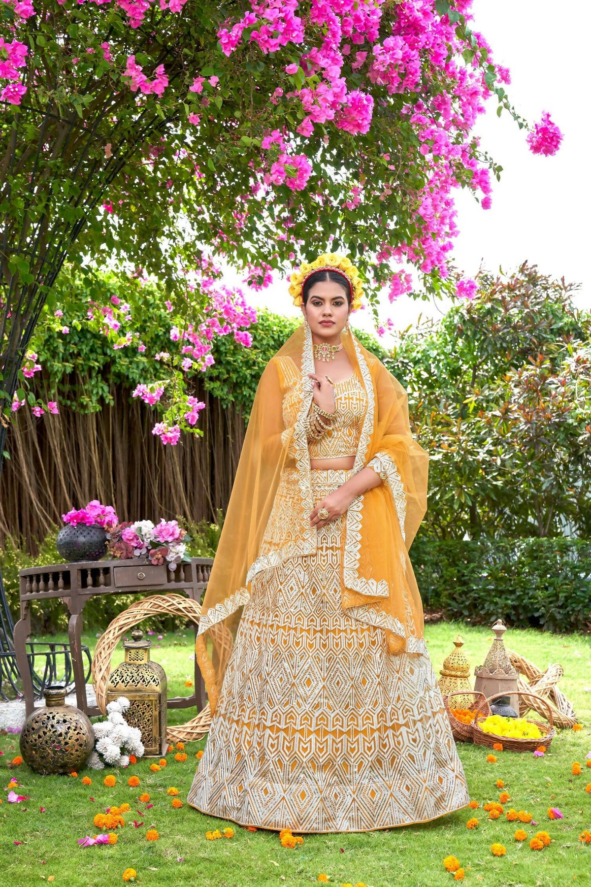 Yellow Net Embroidered Semi Stitched Lehenga Choli with Dupatta - Bhagya | Grocsy