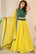 Jyoti Fashion Yellow Three Lair Frill Georgette Lehenga Choli with Dupatta | Grocsy