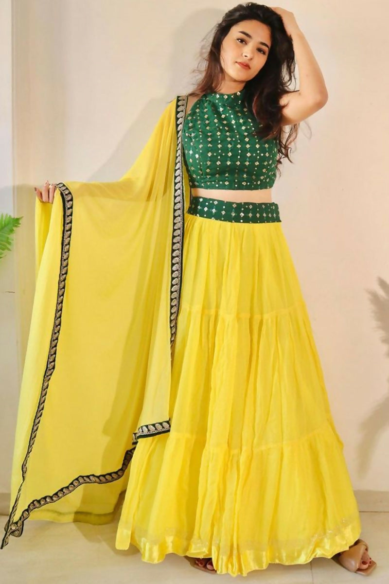 Jyoti Fashion Yellow Three Lair Frill Georgette Lehenga Choli with Dupatta | Grocsy