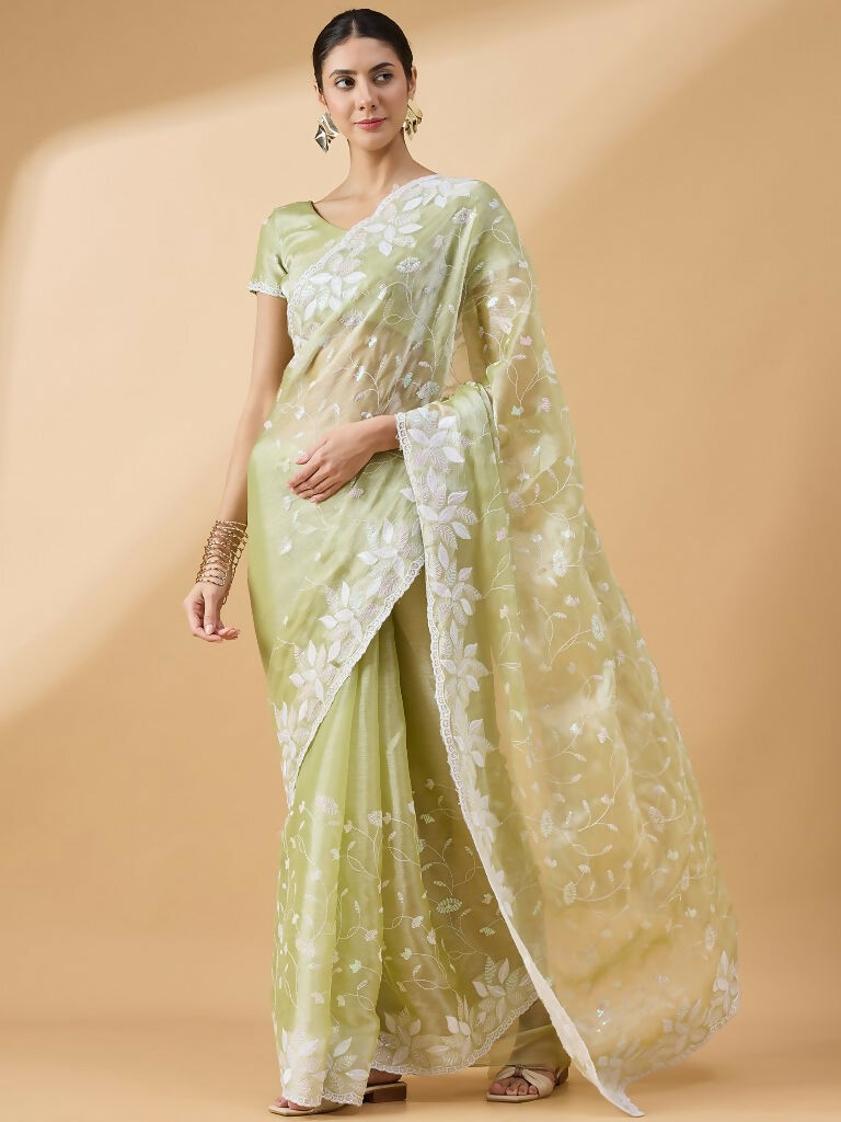 Green Tissue Slub Embroidered Saree with Unstitched Blouse - Vairagi | Grocsy