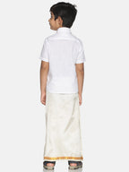 Sethukrishna Boys White & Gold Solid Pure Cotton Shirt & Veshti Set | Grocsy