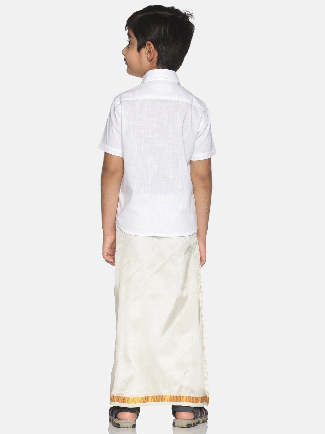 Sethukrishna Boys White & Gold Solid Pure Cotton Shirt & Veshti Set | Grocsy