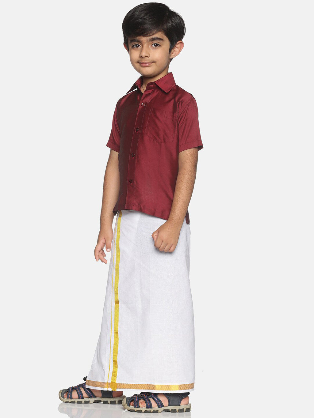 Sethukrishna Maroon & & White Pure Cotton Solid Shirt Veshti Set For Boys | Grocsy