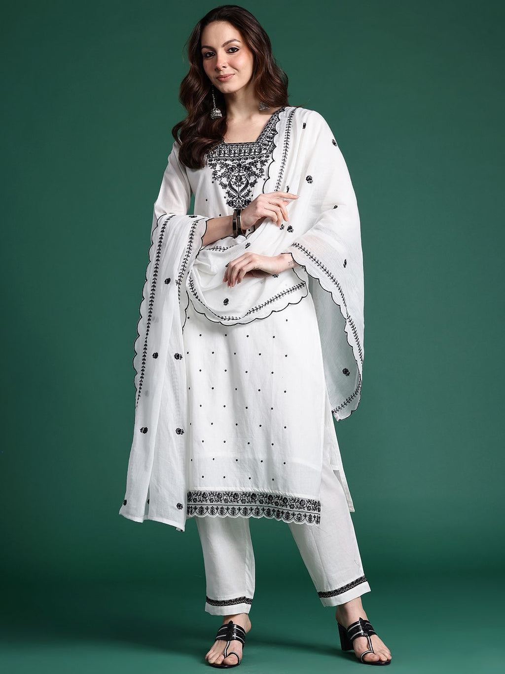 Indo Era Floral Embroidered Pure Cotton Kurta with Trousers & Dupatta | Grocsy