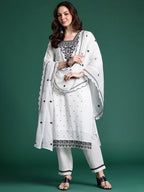 Indo Era Floral Embroidered Pure Cotton Kurta with Trousers & Dupatta | Grocsy