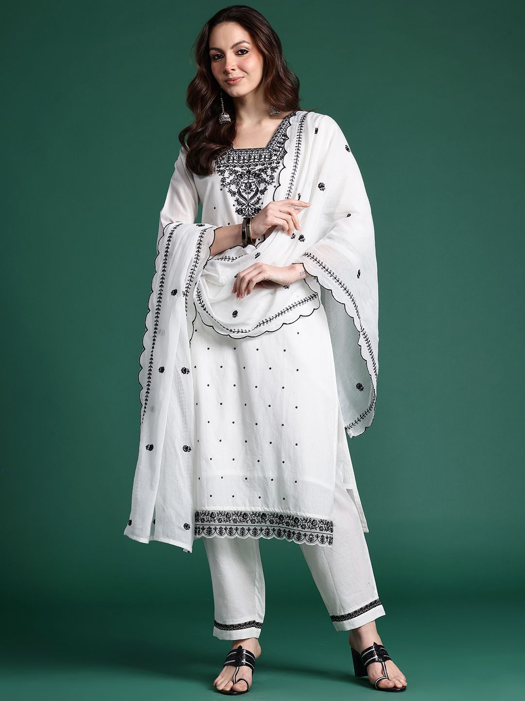 Indo Era Floral Embroidered Pure Cotton Kurta with Trousers & Dupatta | Grocsy