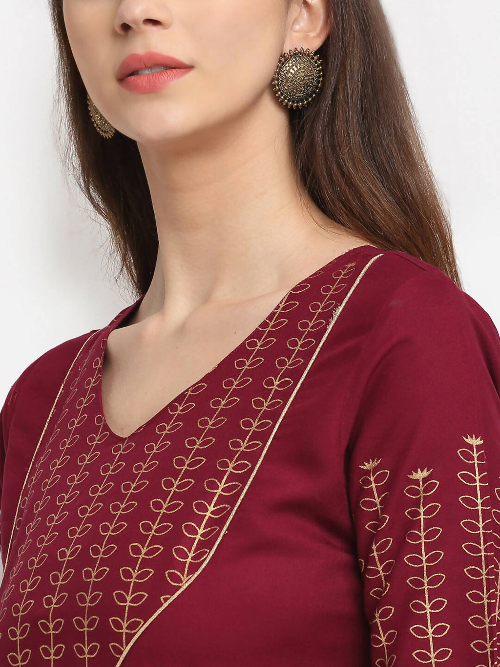 Rudra bazaar Gold Printed A-line flared Maroon Kurti | Grocsy