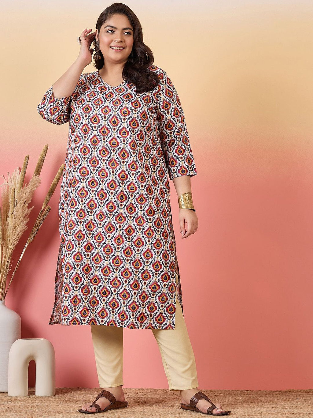Sztori Plus Size Ethnic Motifs Printed V-Neck Crepe Straight Kurta | Grocsy