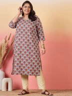 Sztori Plus Size Ethnic Motifs Printed V-Neck Crepe Straight Kurta | Grocsy