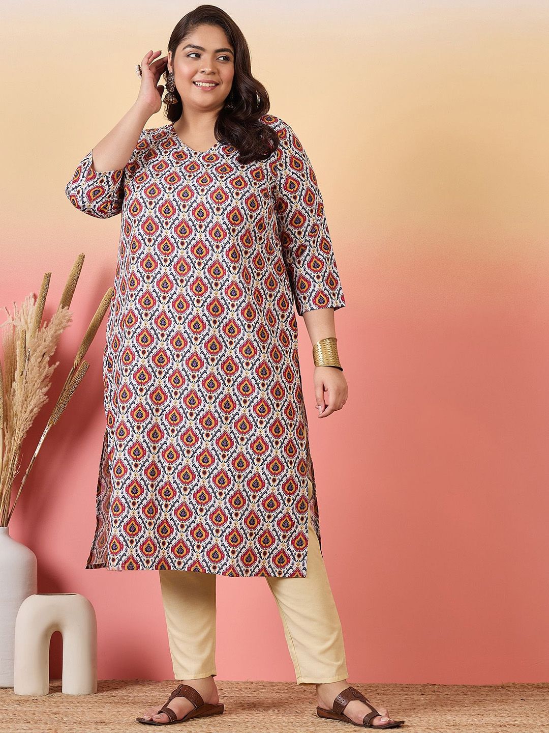 Sztori Plus Size Ethnic Motifs Printed V-Neck Crepe Straight Kurta | Grocsy