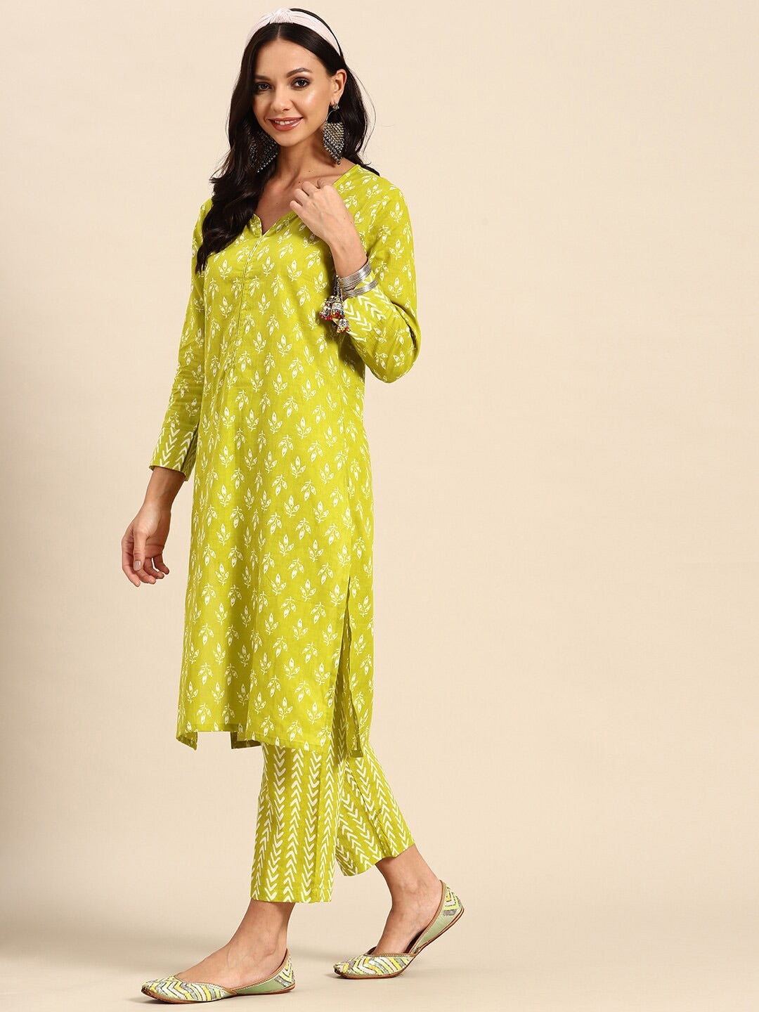 Sangria Green Ethnic Motifs Printed Pure Cotton V-Neck Straight Kurta With Trouser | Grocsy