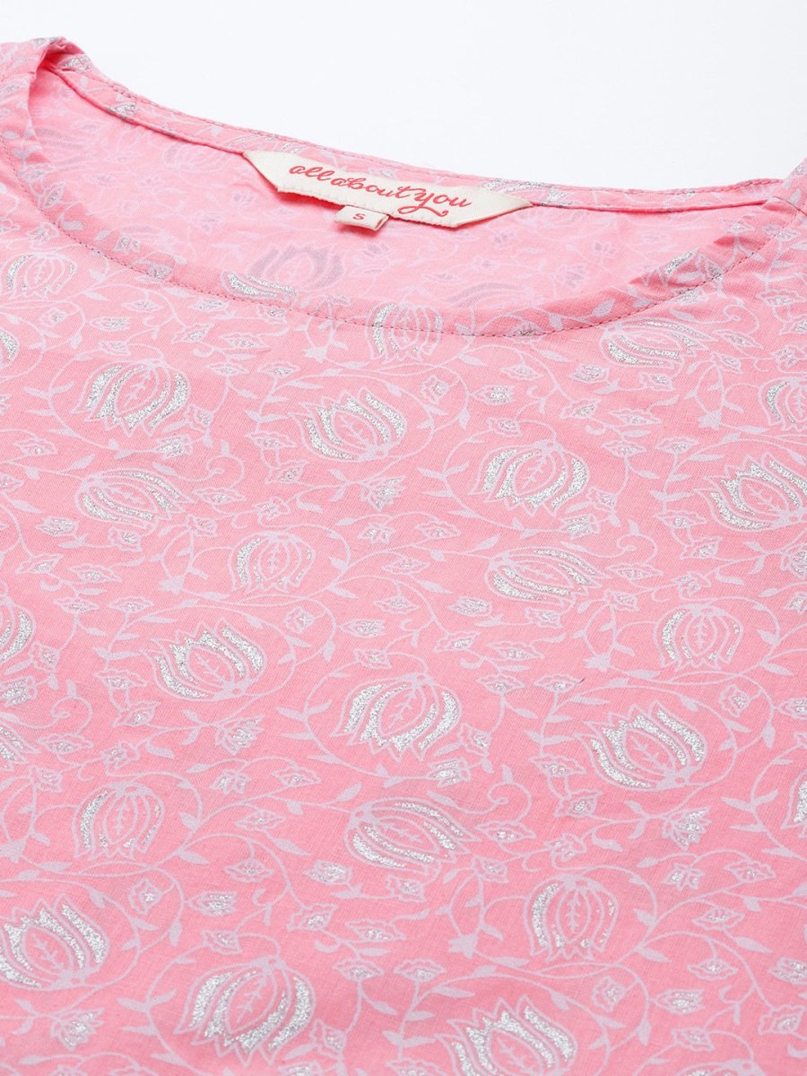 All About You Women Pink Ethnic Motifs Printed Pure Cotton Kurta with Trousers | Grocsy