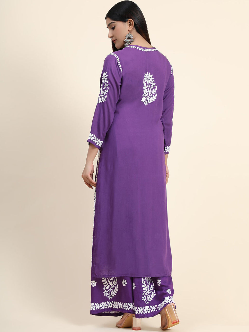 HOUSE OF KARI Women Purple Floral Embroidered Chikankari Pure Cotton Kurta with Palazzos | Grocsy