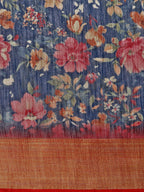 Saree Mall Navy Blue & Red Linen Blend Printed Saree | Grocsy