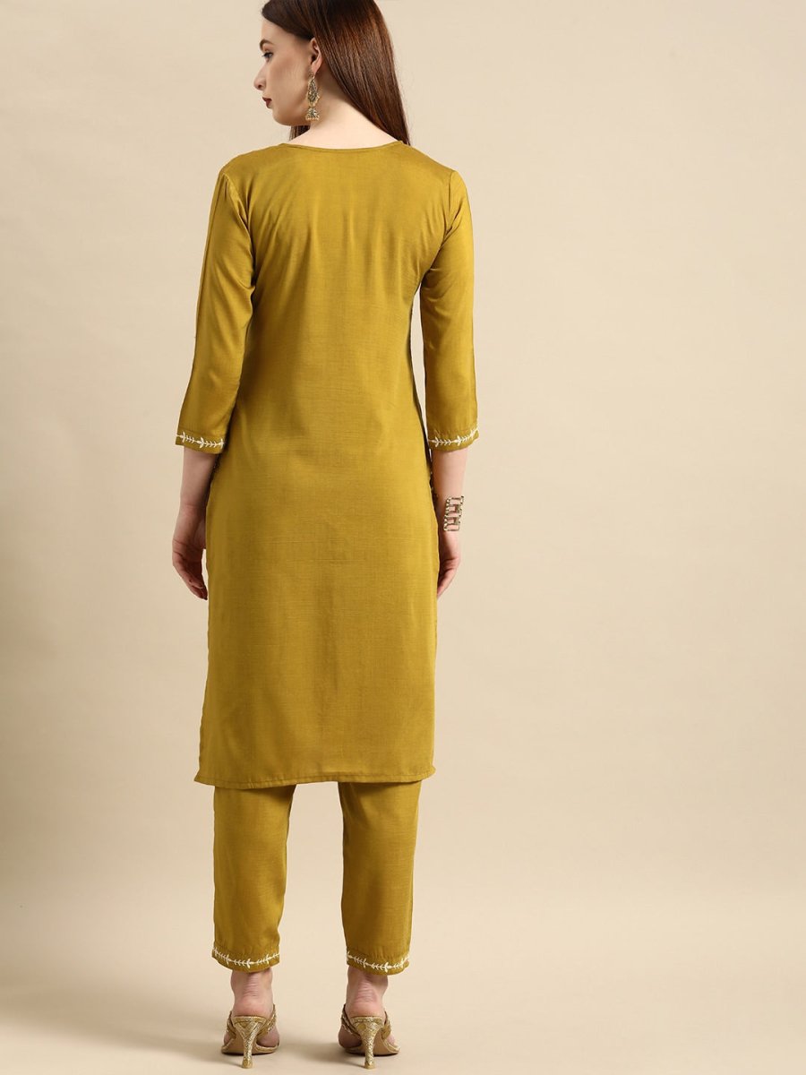 All About You Women Mustard Yellow Floral Embroidered Thread Work Kurta with Trousers | Grocsy