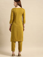 All About You Women Mustard Yellow Floral Embroidered Thread Work Kurta with Trousers | Grocsy