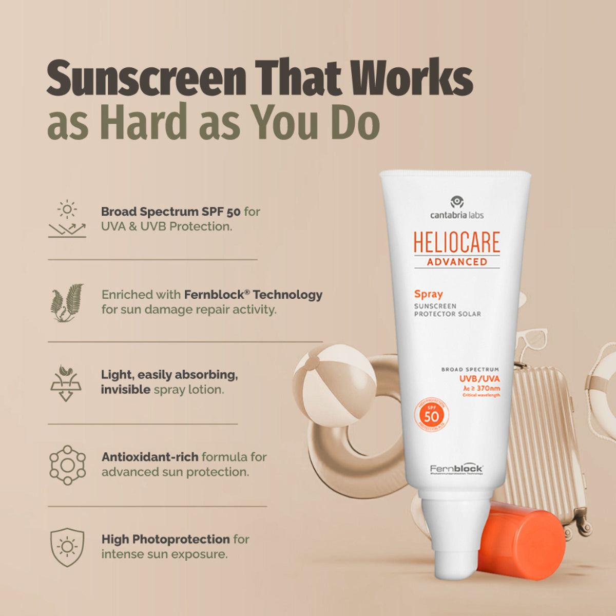 Heliocare Body Sunscreen Spray SPF 50 Broad Spectrum, New Gen Uv Filters, Dewy Finish | Grocsy