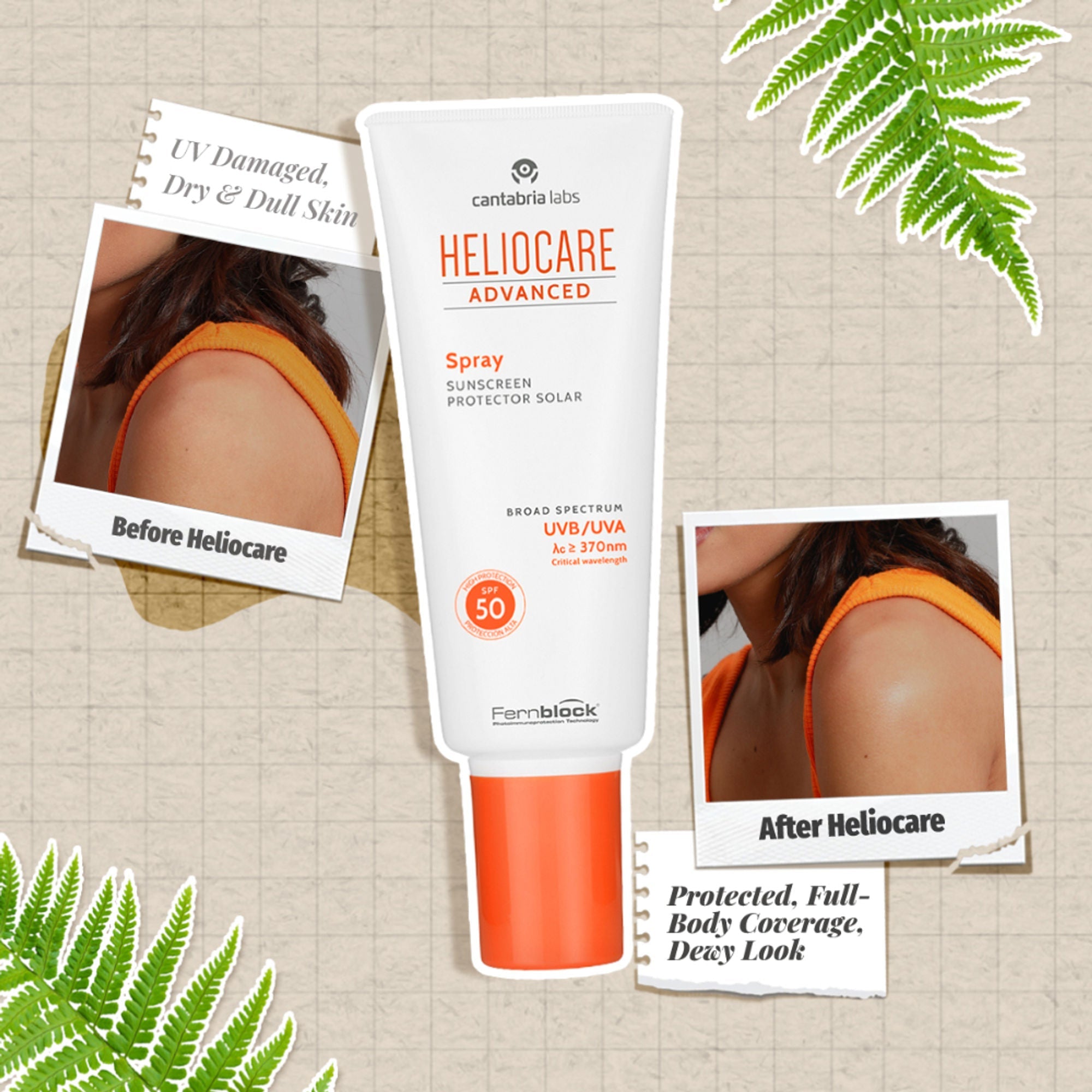 Heliocare Body Sunscreen Spray SPF 50 Broad Spectrum, New Gen Uv Filters, Dewy Finish | Grocsy