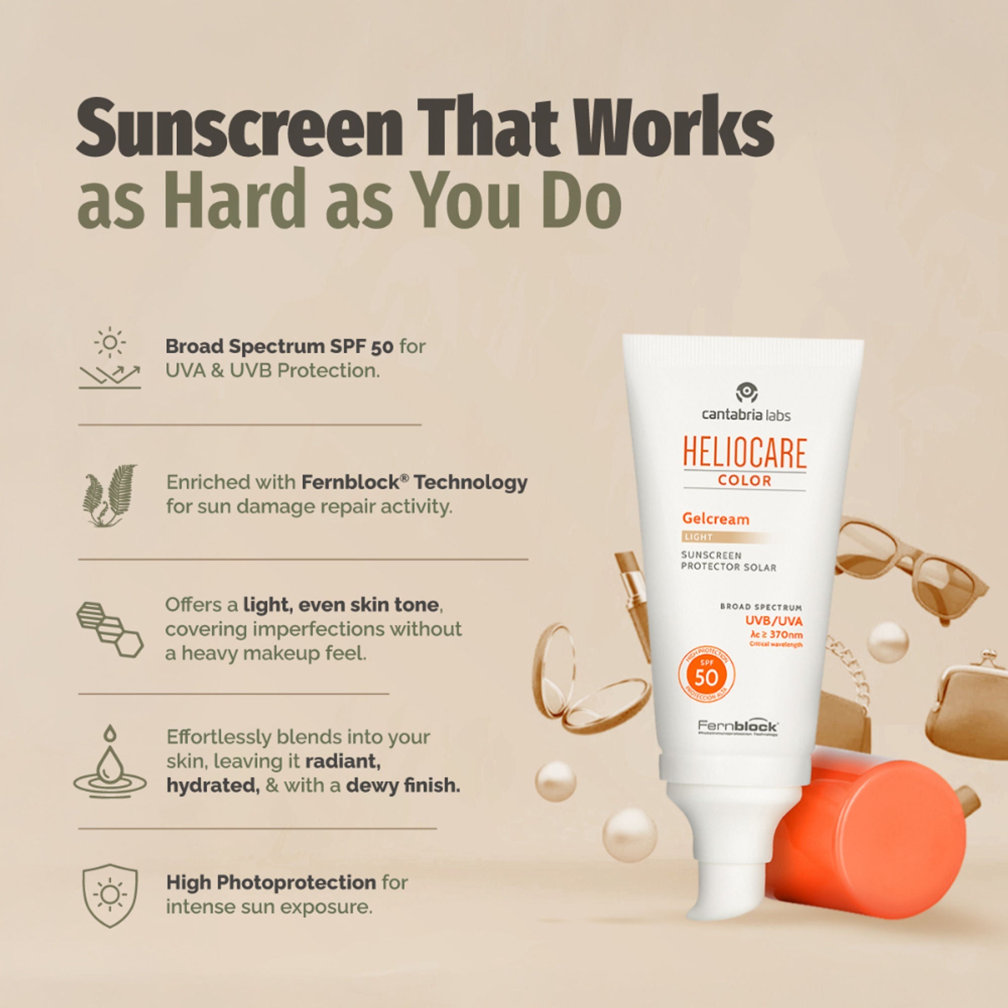 Heliocare Color Gel Cream Tinted Sunscreen SPF 50 Uva & Uvb Protection, No White Cast, Dewy Finish | Grocsy