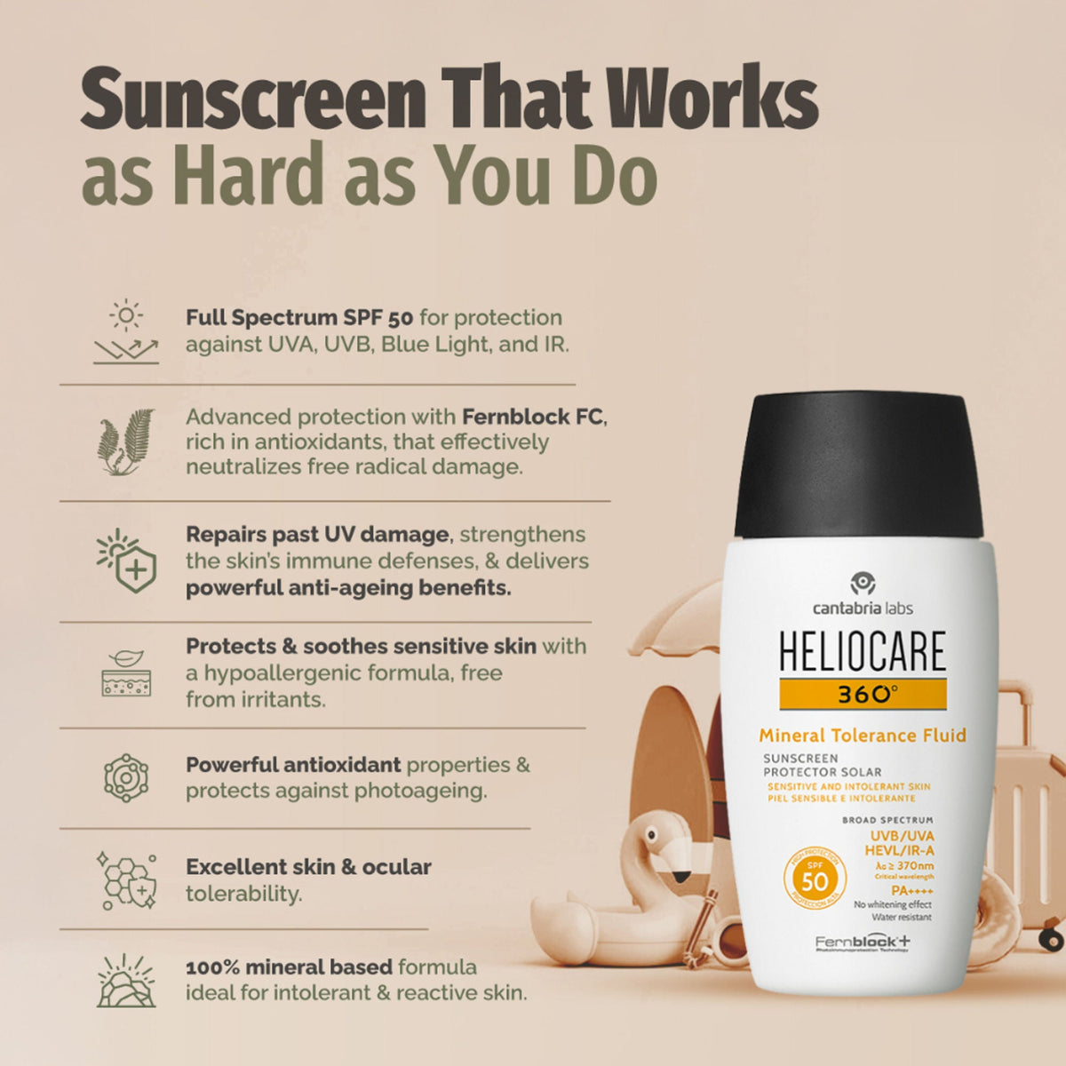 Heliocare Mineral Tolerance Fluid Sunscreen SPF 50 Pa++++ 100% Mineral, Vit C & E Sensitive Skin | Grocsy