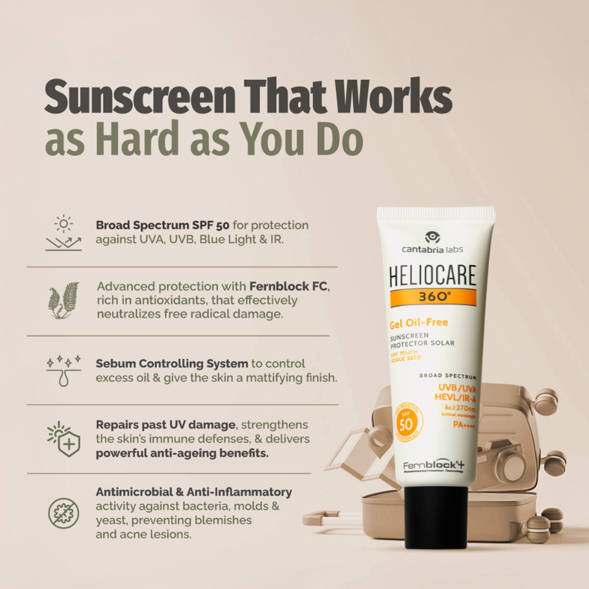 Heliocare 360 Gel Oil-Free Sunscreen SPF 50 Pa++++ Oily & Combination Skin, Anti-Acne, Matte Finish | Grocsy