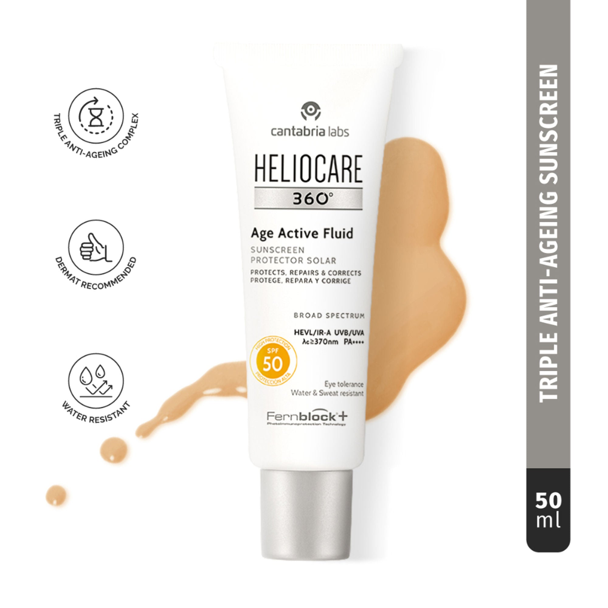 Heliocare 360 Age Active Fluid Sunscreen SPF 50 Pa++++ With Hyaluronic Acid For Youthful & Firm Skin | Grocsy