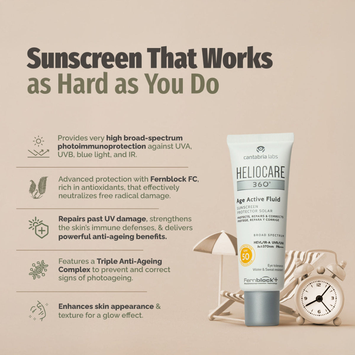 Heliocare 360 Age Active Fluid Sunscreen SPF 50 Pa++++ With Hyaluronic Acid For Youthful & Firm Skin | Grocsy