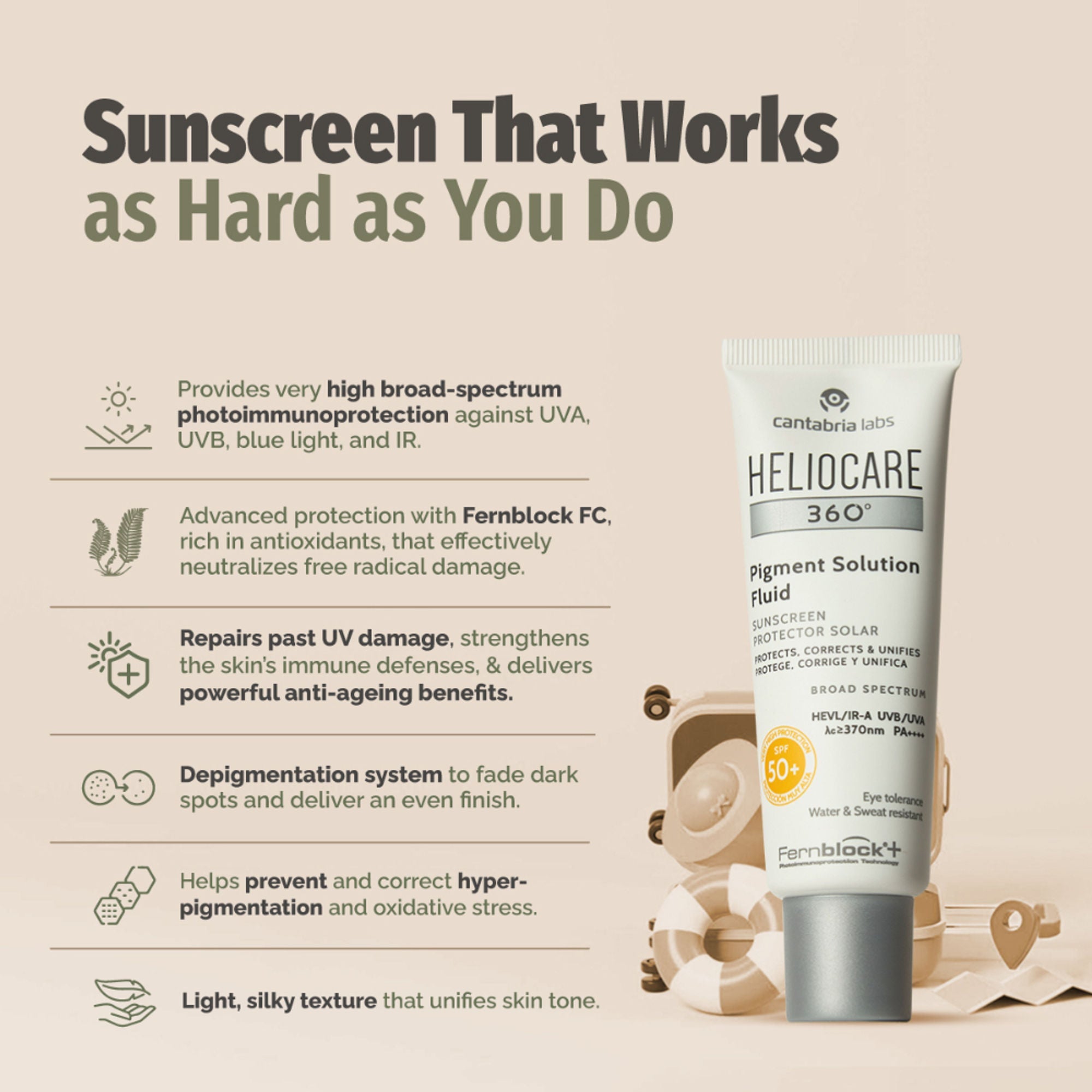 Heliocare 360 Pigment Solution Fluid Sunscreen With Niacinamide SPF 50+ Pa++++ Remove Tan & Brighten | Grocsy