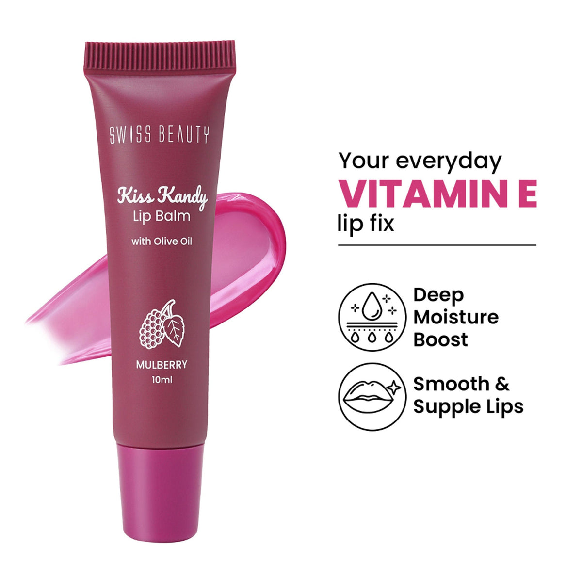 Swiss Beauty Kiss Kandy Tinted Lip Balm | Non-Sticky with Olive Oil & Vitamin E - 04 Mulberry | Grocsy