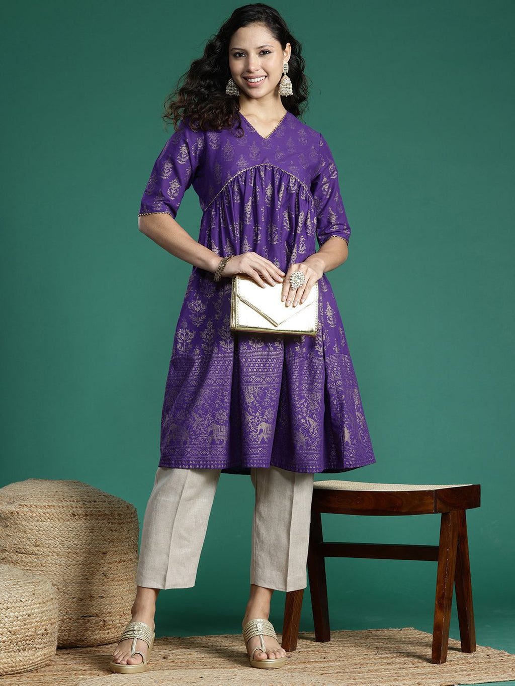 Sangria Ethnic Motifs Print Gotta Patti Pure Cotton Anarkali Kurta | Grocsy