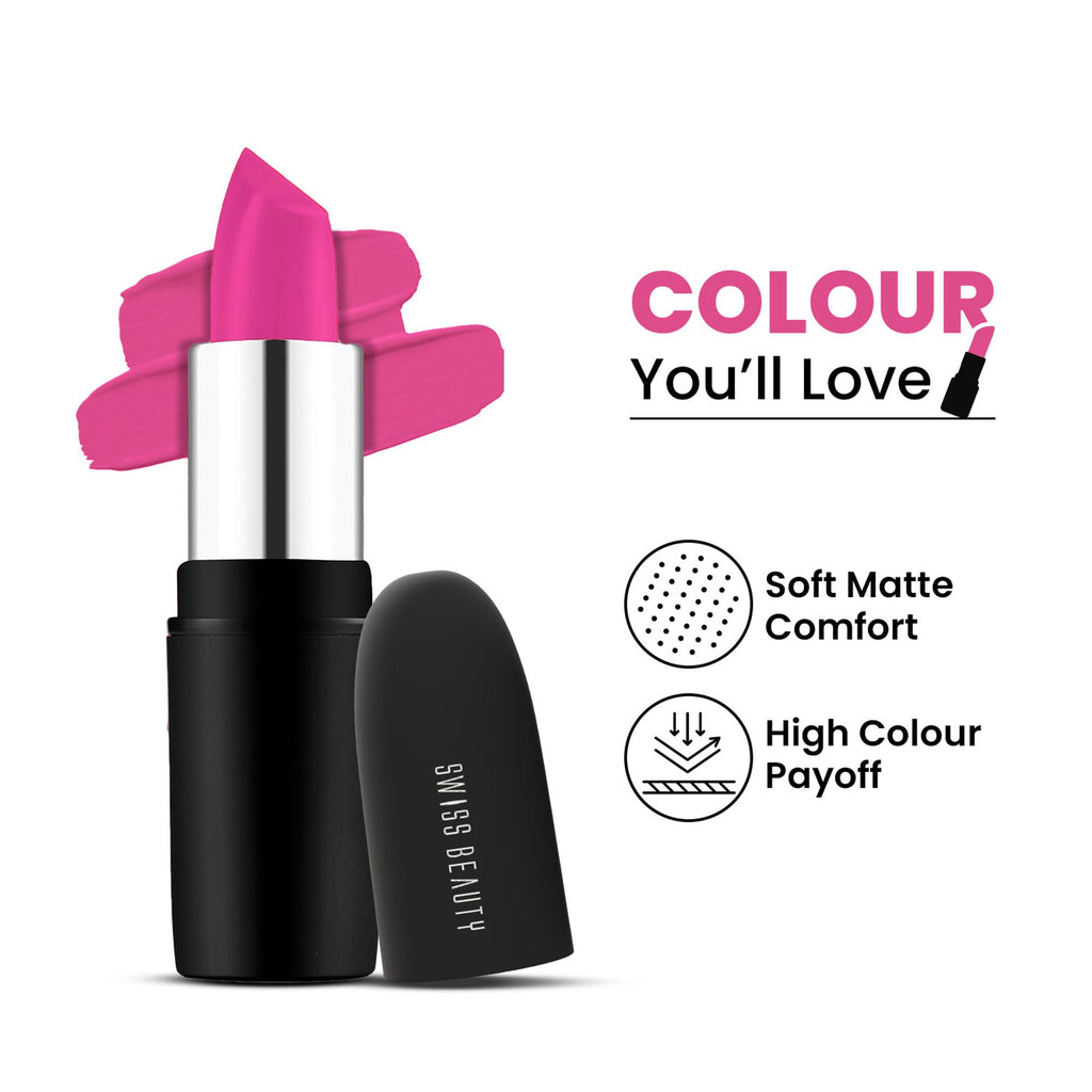 Swiss Beauty Pure Matte Lipstick , Non-Drying, Smooth Glide, Long Lasting - 205 Lush Pink | Grocsy