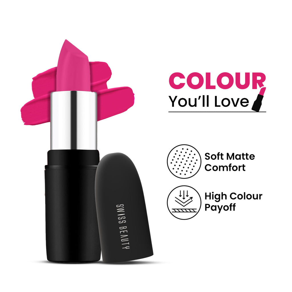 Swiss Beauty Pure Matte Lipstick , Non-Drying, Smooth Glide, Long Lasting - 218 Pixie Pink | Grocsy
